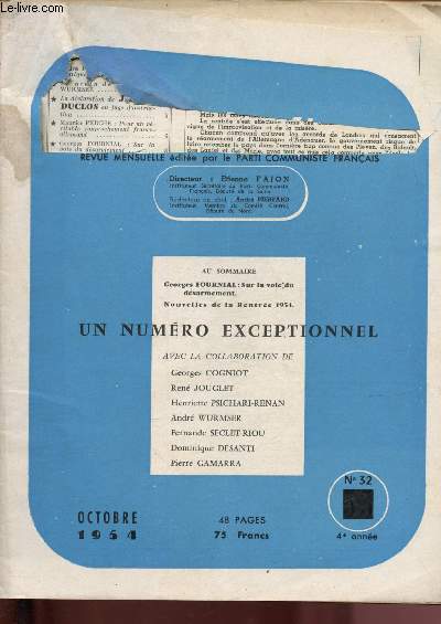 L'cole et la Nation - N32 - 4e anne - Octobre 1954 : Pour un vritable rapprochement franco-allemand, par Maurice Perche - L'enseignement dans la Rpublique populaire roumaine, par J. Suret-Canale - L'organe de combat des instituteurs franais, etc.