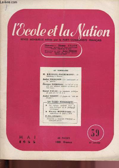 L'cole et la Nation - N39 - Mai 1955 : Les instituteurs et la 
