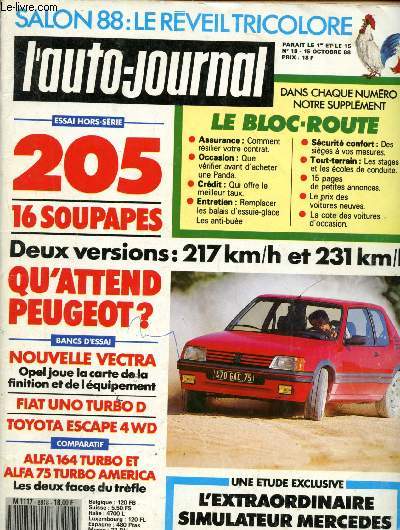 L'auto-Journal n18 - 15 Octobre 1988 : La cte des voitures d'occasion - Le prix des voitures neuves - Budget 89 - Raid : renault 19 - Face  face : Alfa 164 turbo / Alfa 75 turbo - Les trois armes de l'Europe face au Japon - J'ai conduit les Opel Vectra