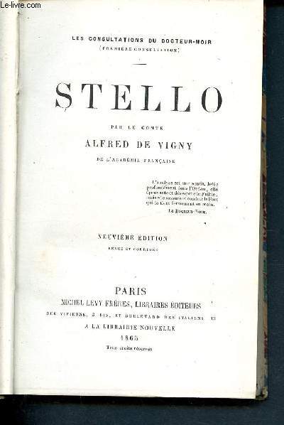 Les consultations du docteur-noir ( premire consultation) Stello - Oeuvres compltes d'Alfred de Vigny