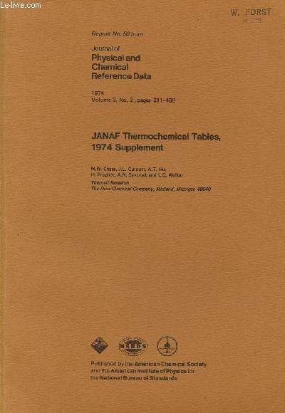 Journal of physical and chemical reference data 1974, volume 3, N2, pages 311-480 - Janaf thermochemical tables, 1974 supplement - reprint N50