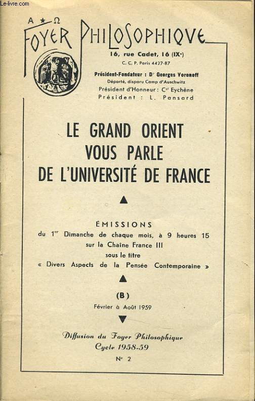 FOYER PHILOSOPHIQUE n2 cycle 1958-59 (fvrier  aot) - Le grand Orient de France vous parle...