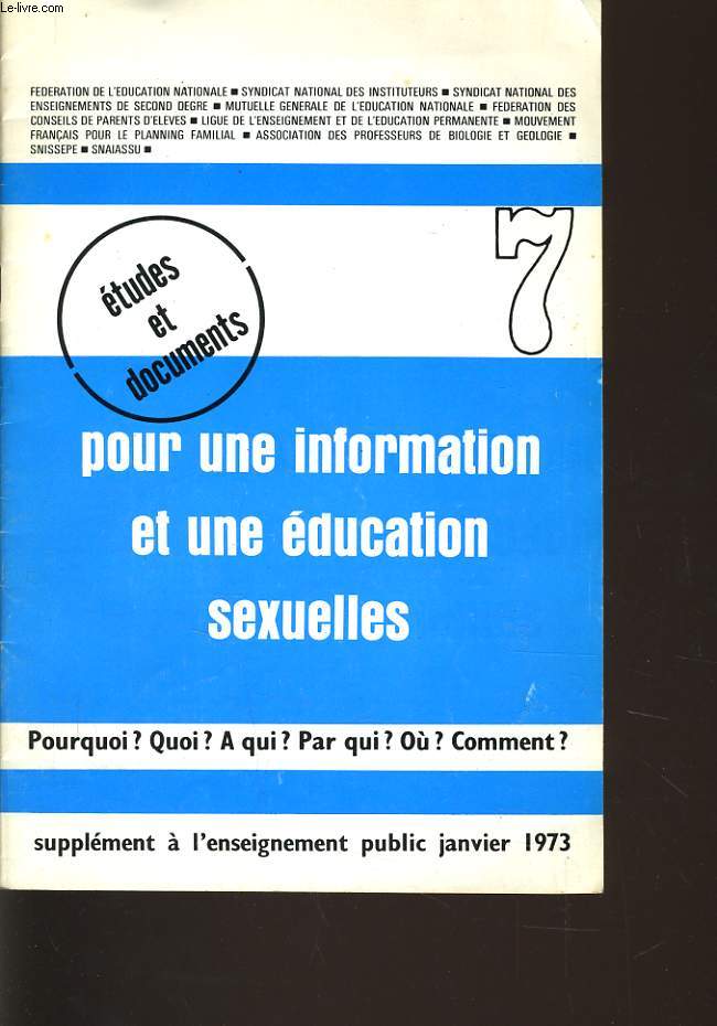 POUR UNE INFORMATION ET UNE EDUCATION SEXUELLES supplment  l'enseigne public de janvier 1973