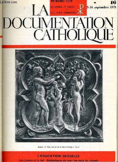LA DOCUMENTATION CATHOLIQUE n 16 : L'ducation sexuelle - Les jeune et la foi - Statistique de tous les pays du monde