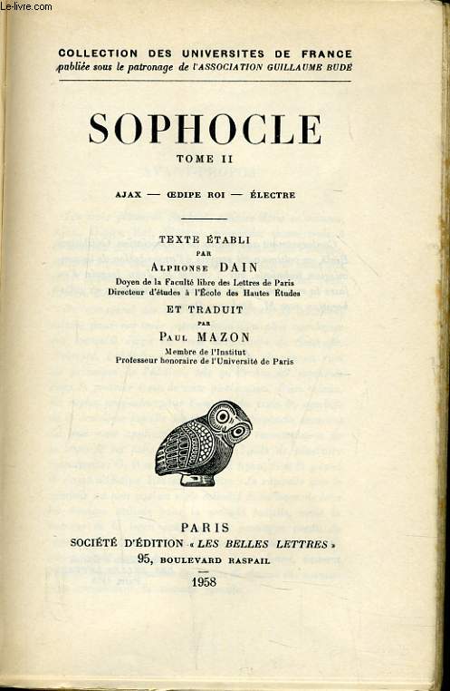 SOPHOCLE tome II - Ajax-Oedipe roi-Electre