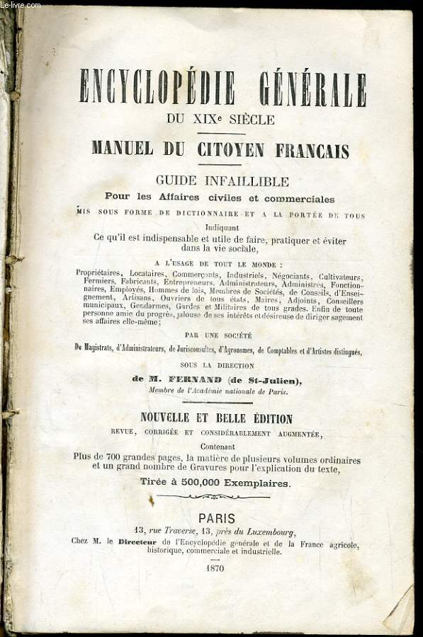 ENCYCLOPEDIE GENERALE DU XIXe SIECLE : Manuel du citoyen franais