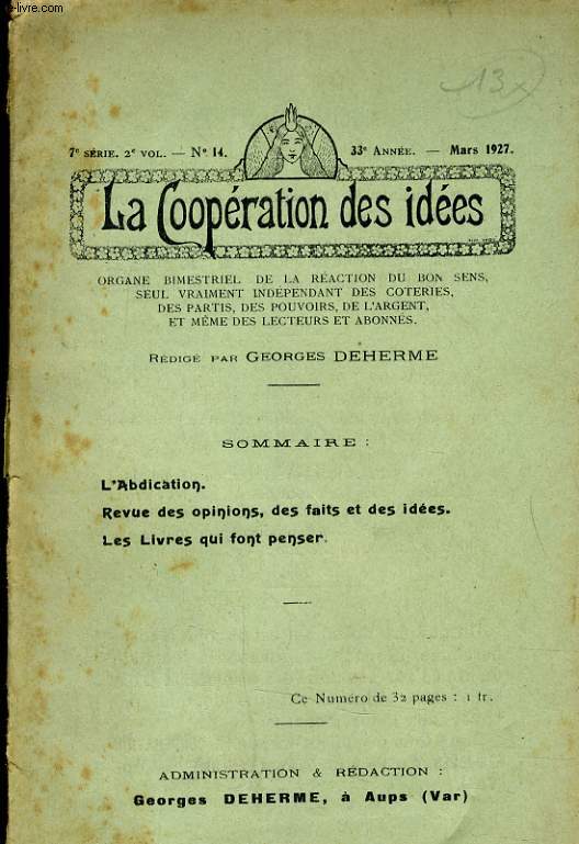 LA COOPERATION DES IDEES N14 7e SERIE 2e VOLUME 33e ANNEE