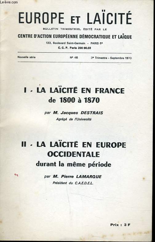 EUROPE ET LAICITE N46 - LA LAICITE EN FRANCE DE 1800 A 1870 - LA LAICITE EN EUROPE OCCIDENTALE DURANT LA MEME PERIODE