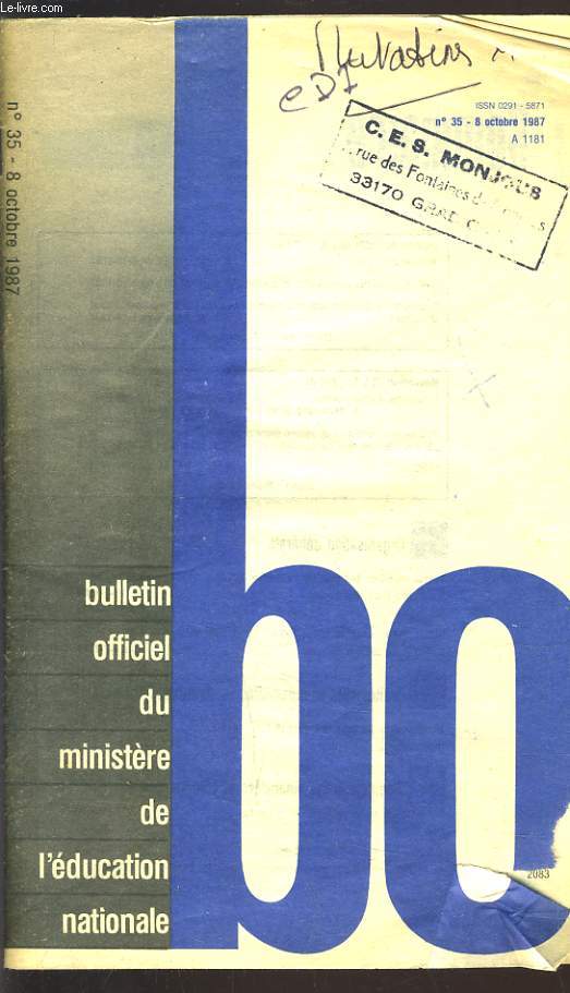 BULLETIN OFFICIEL DU MINISTERE DE L'EDUCATION NATIONALE N 35, 8 OCTOBRE 1987.