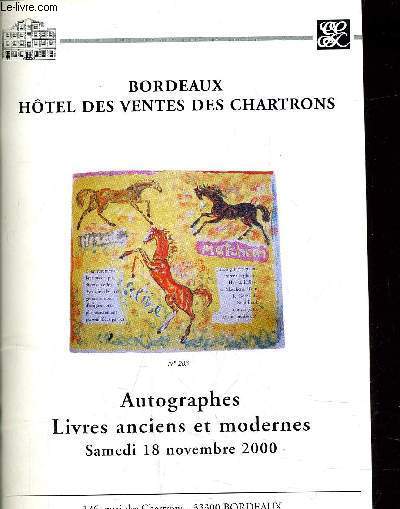 BORDEAUX HOTEL DES VENTES DES CHARTRONS - AUTOGRAPHES LIVRES ANCIENS ET MODERNES SAMEDI 18 NOVEMBRE 2000 - N283.
