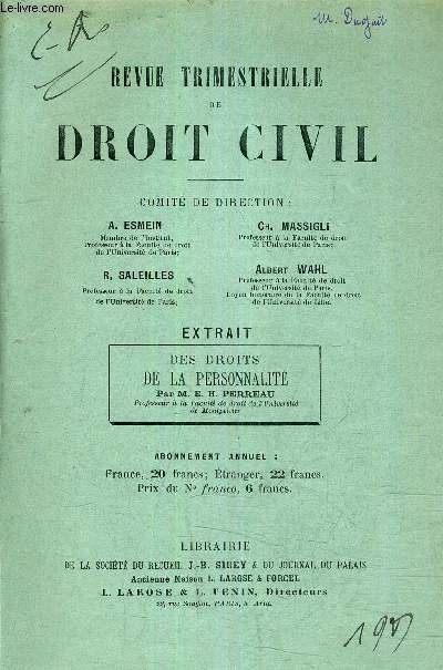 REVUE TRIMESTRIELLE DE DROIT CIVIL - EXTRAIT DES DROITS DE LA PERSONNALITE PAR M.E.H. PERREAU - (PLAQUETTE).