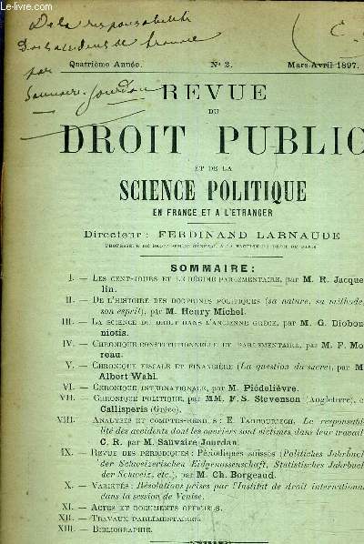 REVUE DE DROIT PUBLIC ET DE LA SCIENCE POLITIQUE EN FRANCE ET A L'ETRANGER - QUATRIEME ANNEE N2 MARS AVRIL 1897.
