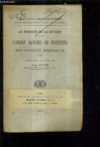 L'ORDRE NATUREL ET ESSENTIEL DES SOCIETES POLITIQUES 1767.