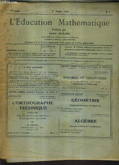 L'EDUCATION MATHEMATIQUE N1 AU N20 (18 FASCICULES) - 50E ANNEE - ANNEE 1947-1948.