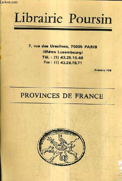 CATALOGUE DE LA LIBRAIRIE POURSIN N499 - PROVINCES DE FRANCE.