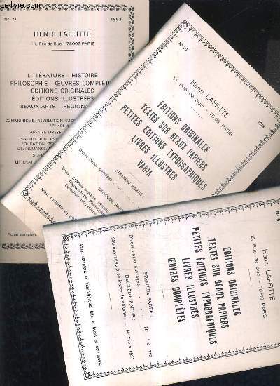 LOT DE 3 CATALOGUES DE LA LIBRAIRIE HENRI LAFFITTE - N9 1977 + N10 1978 + N21 1983.