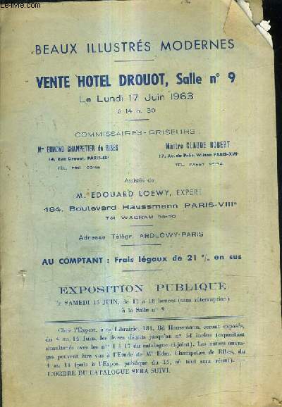 CATALOGUE DE VENTES AUX ENCHERES - BEAUX ILLUSTRES MODERNES - VENTE HOTEL DROUOT SALLE 9 - 17 JUIN 1963.