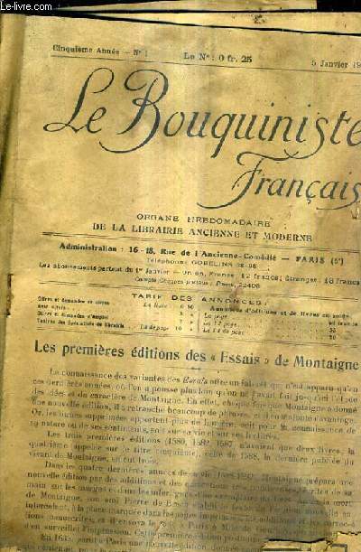 LE BOUQUINISTE FRANCAIS N1 5E ANNEE - 5 JANVIER 1924 - LES PREMIERES EDITIONS DES ESSAIS DE MONTAIGNE.