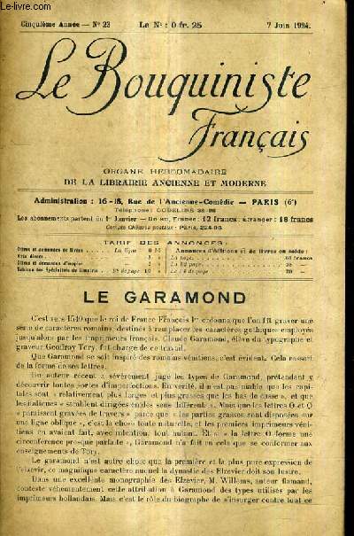 LE BOUQUINISTE FRANCAIS N23 5E ANNEE - 7 JUIN 1924 - Le Garamond - liste des annonciers - ouvrages d'occasion - demandes .
