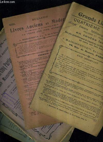 LOT DE 4 CATALOGUES DE LA LIBRAIRIE J.MAISONNEUVE - LIVRES ANCIENS ET MODERNES (VOIR NOTICE).