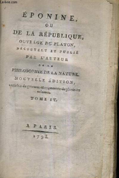 EPONINE OU DE LA REPUBLIQUE - TOME 4 - NOUVELLE EDITION ENRICHIE DE GRAVURES ET AUGMENTEE DE PLUSIEURS VOLUMES.