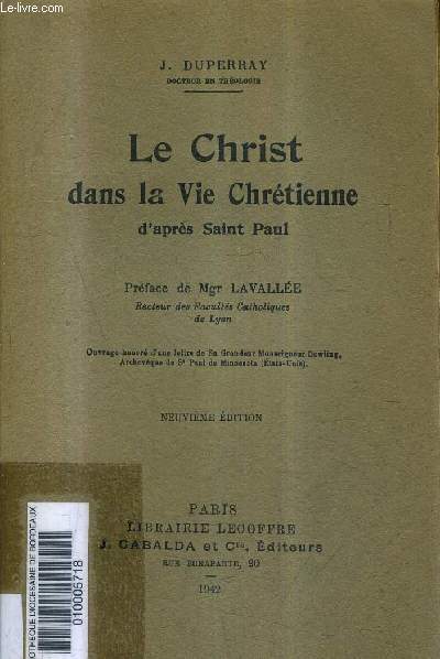 LE CHRIST DANS LA VIE CHRETIENNE D'APRES SAINT PAUL / 9E EDITION.