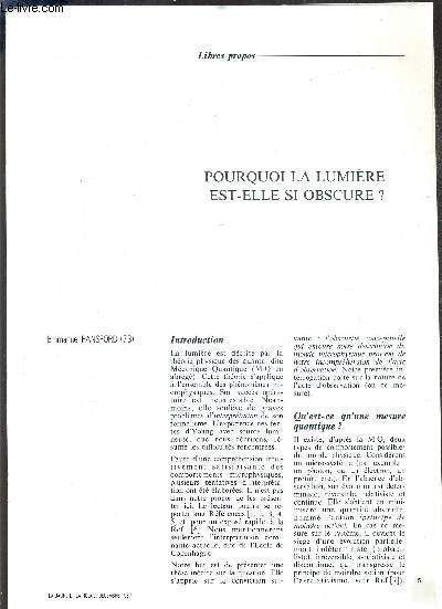 POURQUOI LA LUMIERE EST ELLE SI OBSCURE ? - LIBRES PROPOS / LA JAUNE ET LA ROUGE DECEMBRE 1987.