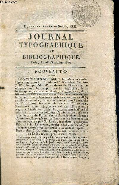 JOURNAL TYPOGRAPHIQUE ET BIBLIOGRAPHIQUE NXLII 12E ANNEE - LUNDI 25 OCTOBRE 1809 - INCOMPLET.