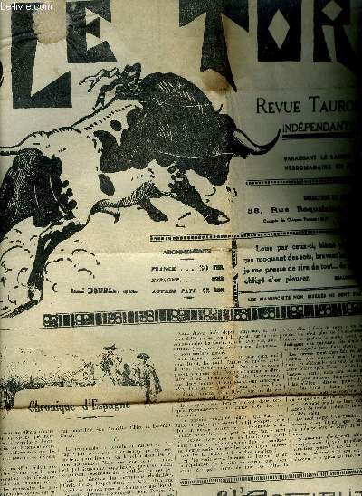 LE TORIL REVUE TAUROMACHIQUE N560 17E ANNEE 11 JUIN 1938 - chronique d'espagne - capotazos - l'actualit tauromachique - toros en france - toros en espana - la provence taurine etc.