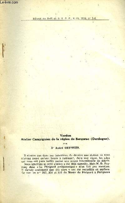 VERDON ATELIER CAMPIGNIEN DE LA REGION DE BERGERAC DORDOGNE - EXTRAIT DU BULLETIN DE LA S.P.F XLIX 1952 N 3-4.