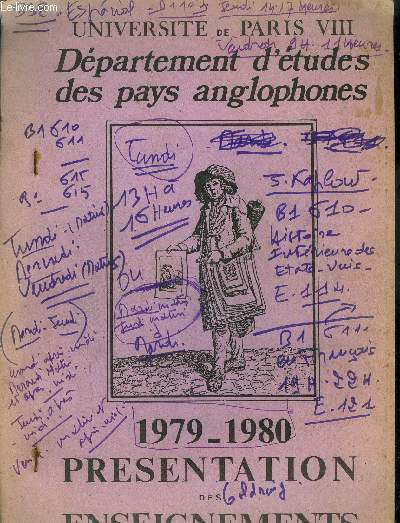1979-1980 - PRESENTATION DES ENSEIGNEMENTS - UNIVERSITE DE PARIS VIII - DEPARTEMENT D'ETUDES DES PAYS ANGLOPHONES