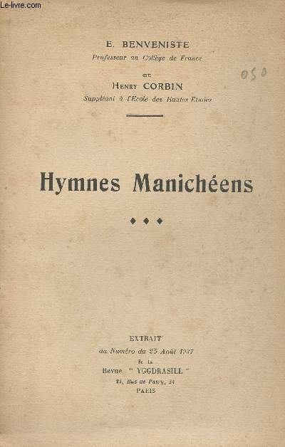 Hymnes Manichens - Extrait du n du 25 aot 1937 de la revue 