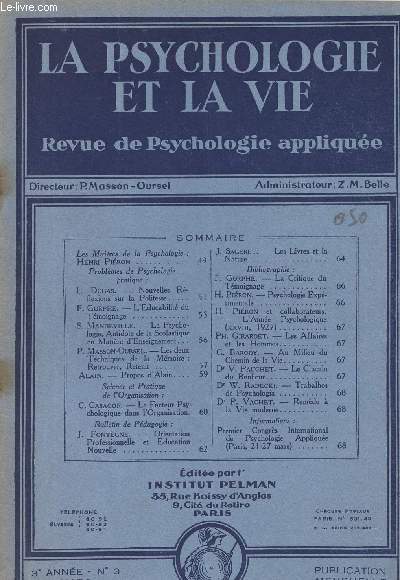 La psychologie et la vie - Revue de psychologie applique - 3e anne n3 Mars 1929