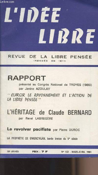 L'ide Libre, revue de la libre pense n132, 70e anne - Rapport prsent au Congrs National de Troyes par Janine Azoulay 