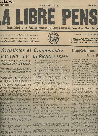 La Libre Pense n52, nouvelle srie janv. 51 - Socialistes et communistes devant le clricalisme - L'imprialisme de la Papaut - Lettre amicale  un jeune, rcemment 