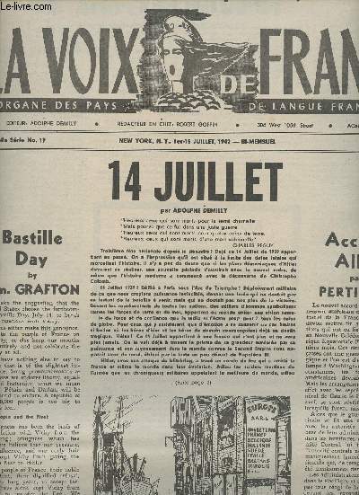 La Voix de la France, nouvelle srie n19 1er - 15 juil. 1942 - Rimpression - De Gaulle Prophte par Curt Riess - Bastille day - 14 juillet - Accord alli .. - Franais et anglais