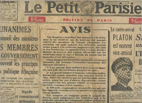 Le Petit Parisien, Edition de Paris 5h n23620 66e anne lundi 15 dc. 41 - Unanimes au conseil des ministres, les membres du gouv. approuvent les principes de la politique franaise - Le contre-amiral Platon est nomm vice-amiral