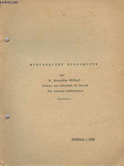Montesquieu Economiste - Bordeaux 1948