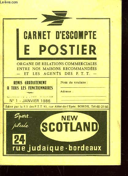 CARNET D'ESCOMPTE N1 JANVIER 1986.