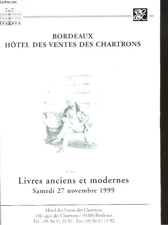 BORDEAUX, HOTEL DES VENTES DES CHARTRONS. N 144 LIVRES ANCIENS ET MODERNES. SAMEDI 27 NOVEMBRE 1999.