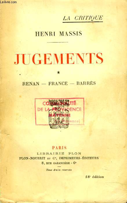 JUGEMENTS. TOME I. RENAN, FRANCE, BARRES.