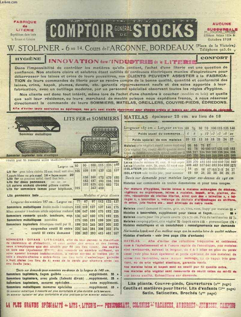 COMPTOIR GENERAL DE STOCKS. FABRIQUE DE LITERIE. CATALOGUE