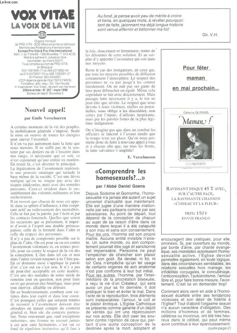 VOX VITAE, LA VOIX DE LA VIE, ORGANE MENSUEL DE PRO VITA-SOS-MERE ENCEINTE EN DETRESSE, N267, MARS 1998. COMPRENDRE LES HOMOSEXUELS ? par L'ABBE D. GOENS/ PROSTITUTION ENFANTINE ET TOURISME SEXUEL, 1e CONDAMNATION/ PILULES : LES EFFETS NEFASTES ...