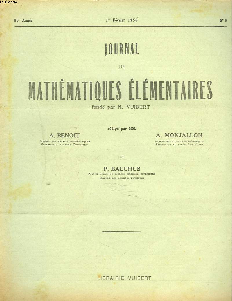 JOURNAL DE MATHEMATIQUES ELEMENTAIRES N9, 1er FEVRIER 1956. INSTITUT CATHOLIQUE D'ART ET METIERS, CONCOURS DE 1955.