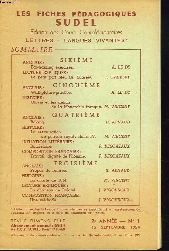 FICHES PEDAGOGIQUES SUDEL, REVUE BIMENSUELLE N1, 15 SEPT. 1954. EDITION DES COURS COMPLEMENTAIRES. LETTRES, LANGUES VIVANTES.
