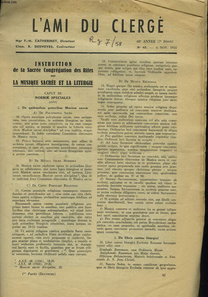 L'AMI DU CLERGE N45, 6 NOV. 1958. INSTRUCTION DE LA SCRE CONGREGATION DES RITES SUR LA MUSIQUE SACREE ET LA LITURGIE.