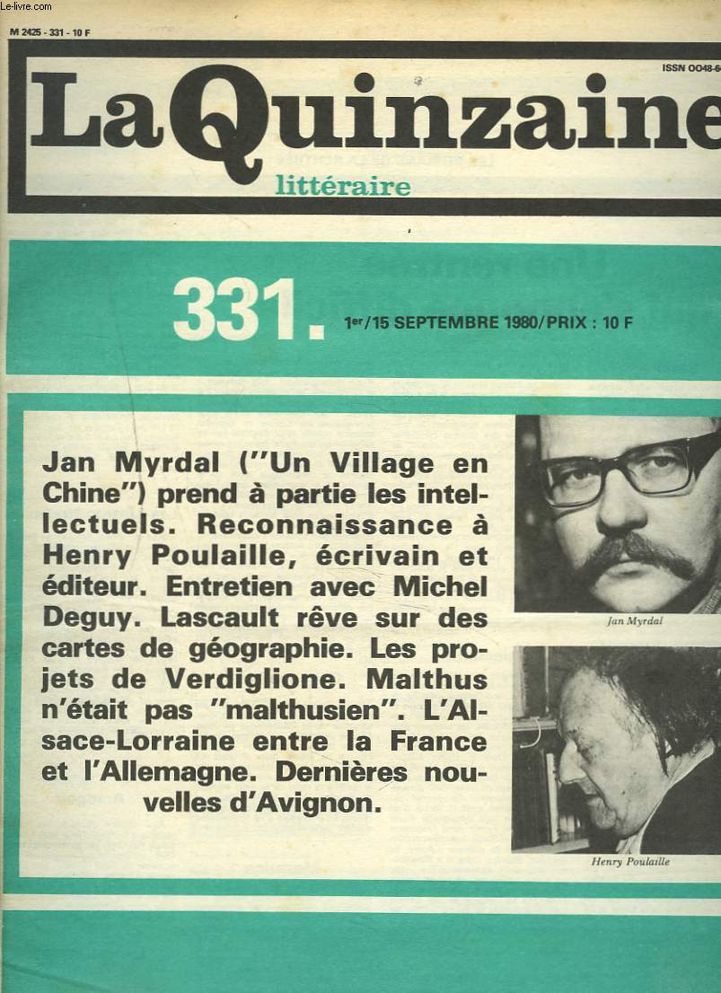 LA QUINZAINE LITTERAIRE, N331, 1er/15 SEPTEMBRE 1980. JAN MYRDAL 