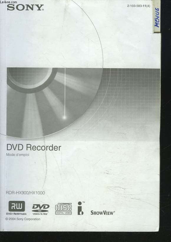 MODE D'EMPLOI DVD RECORDER SONY