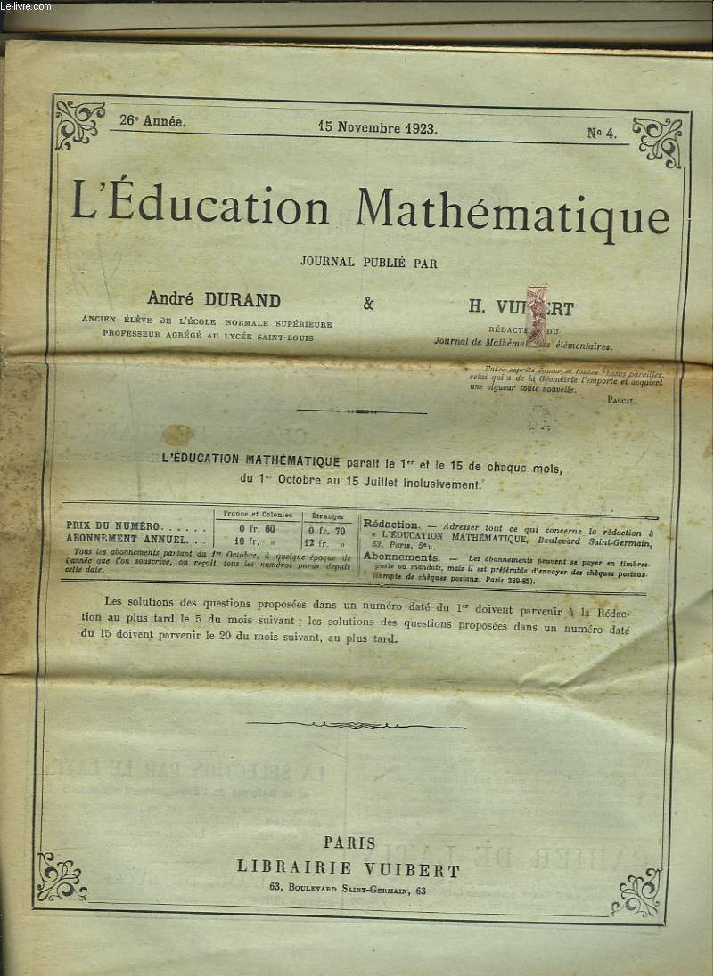 L'EDUCATION MATHEMATIQUE. LOT DE 22 FASCICULES DES ANNEES 1923, 1924 et 1925 (ANNEES INCOMPLETES).