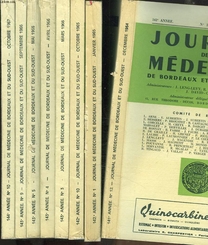 JOURNAL DE MEDECINE DE BORDEAUX ET DU SUD-OUEST : LOT DE 8 NUMEROS. N12, DEC. 1964/ N1, JANV, N10, DEC 1965/ N3,4,5, ET 9 de 1966/ N10 OCT. 1967.